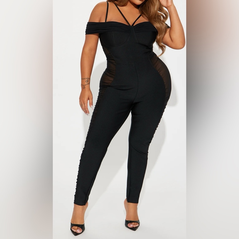 Bandage Mesh Runched Off the Shoulder Jumpsuit Black Size L NWOT